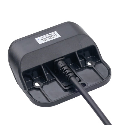 Black electronic device with a cable on a white background