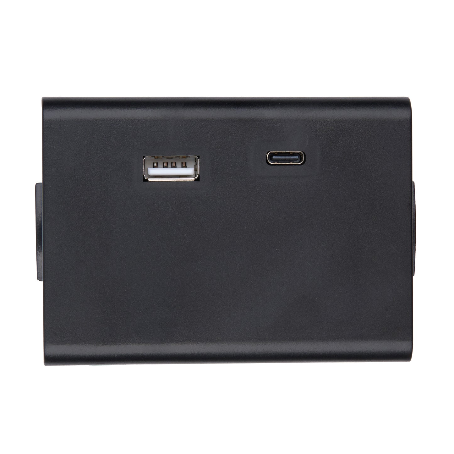 Black electronic device with USB and micro USB ports on a white background