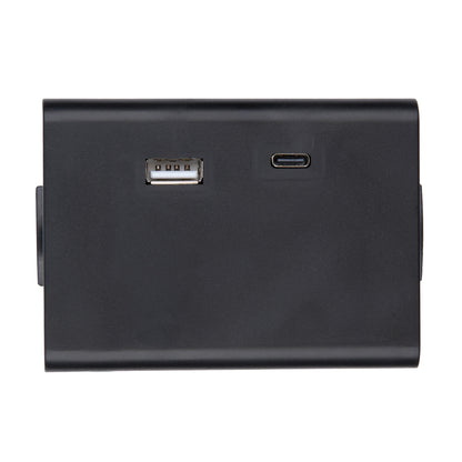 Black electronic device with USB and micro USB ports on a white background