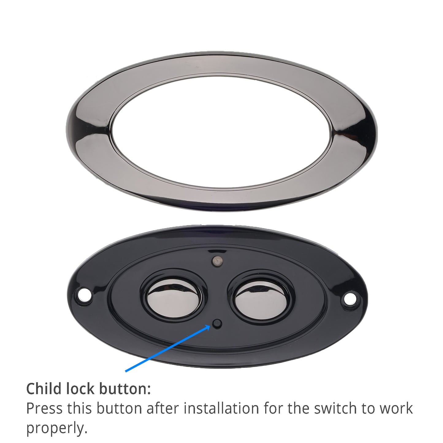 An oval metal child lock cover shown in two pieces: a shiny dark gray outer ring and a black inner plate with two circular button openings, on a white background with text explaining the child lock button.