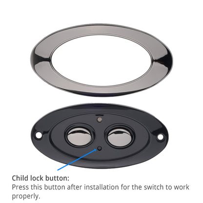 An oval metal child lock cover shown in two pieces: a shiny dark gray outer ring and a black inner plate with two circular button openings, on a white background with text explaining the child lock button.