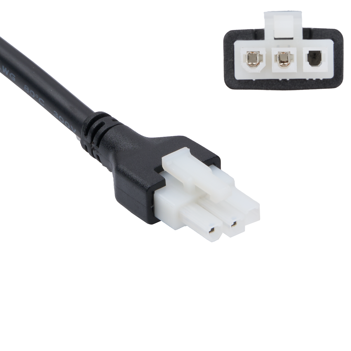 Close up picture of the 3 pin connector of the 2-Pin Male to 3-Pin Male DC Power Cable for Standing Desk, 