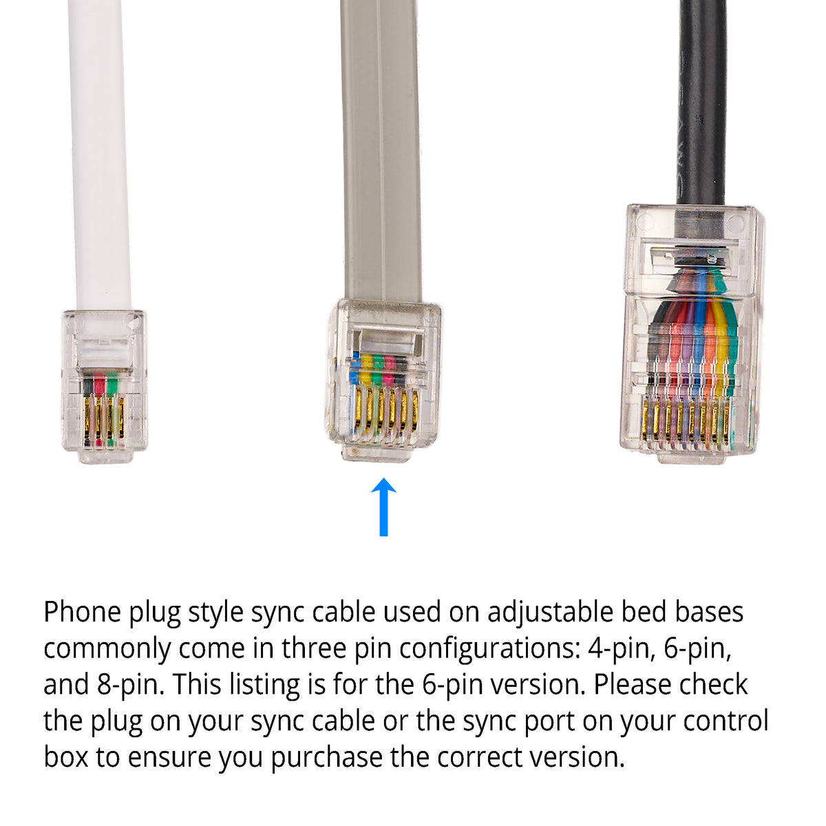 Close up view of the three types of Crystal Plug for Adjustable Bed Base Sync Control Cable 