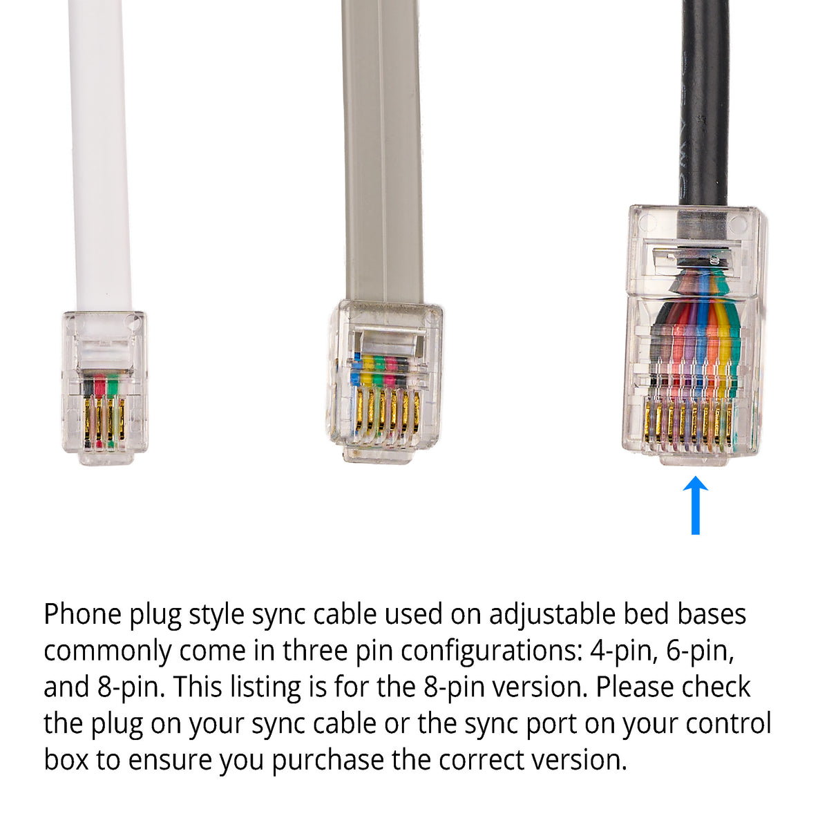 Close up view of the three types of Crystal Plug for Adjustable Bed Base Sync Control Cable 