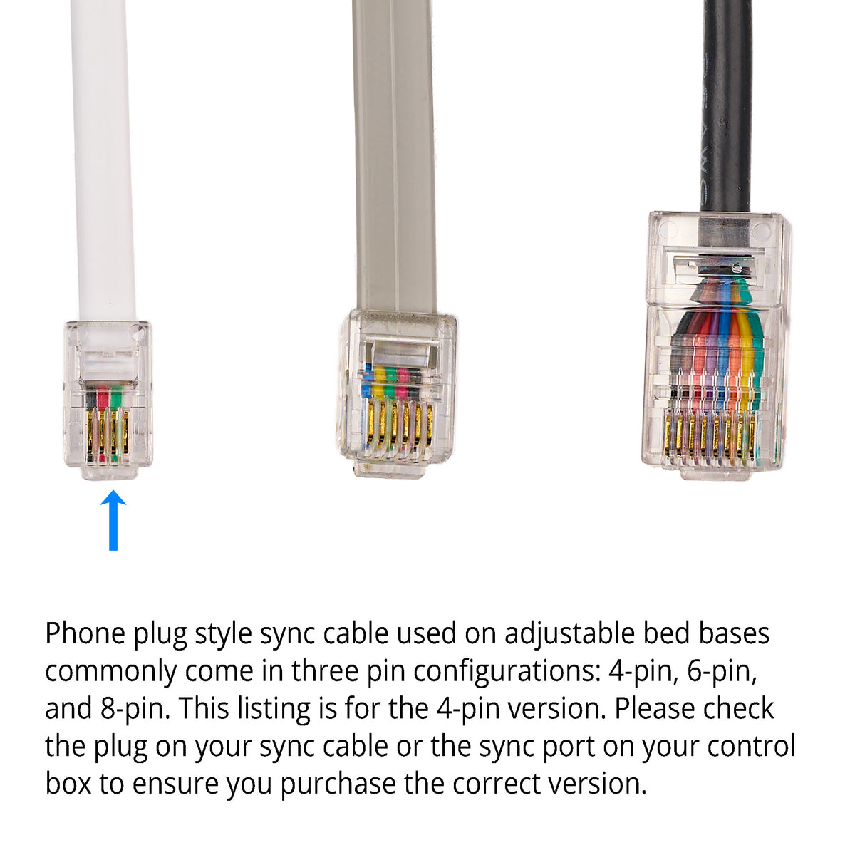 Close up view of the three types of Crystal Plug for Adjustable Bed Base Sync Control Cable -4 pin 