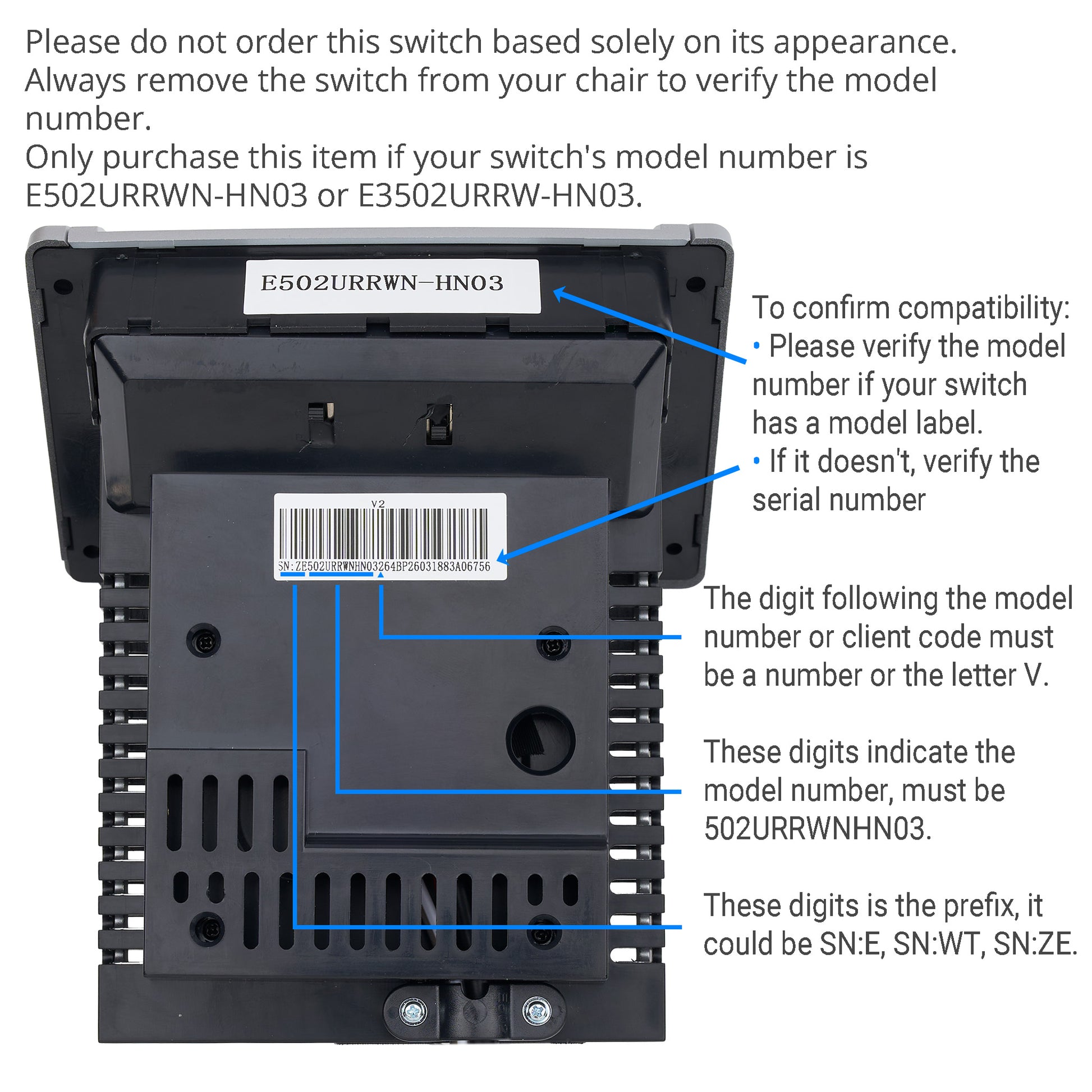 Back view of a switch with model number label and compatibility verification text.