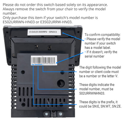 Back view of a switch with model number label and compatibility verification text.