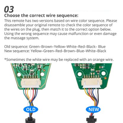 Wiring Sequence: This remote control has two wiring sequences (see the picture below). Select the wiring sequence that matches your remote control when purchasing. If your remote control does not have either of the two wiring sequences shown in the picture, do not purchase this remote control.