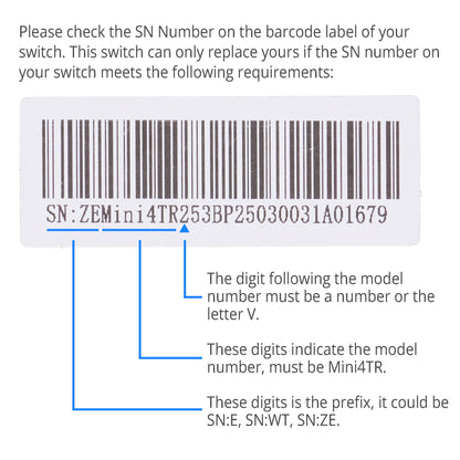 Instruction graphic showing a barcode label with a sample SN number and blue arrows pointing to text that explains the model number and prefix requirements for replacing a switch.