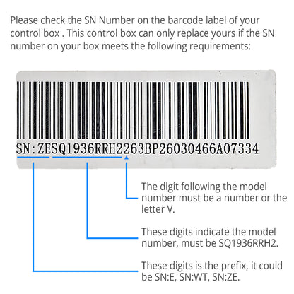 Instruction graphic showing a barcode remote controller SN number label with explanatory text and blue pointer lines labeling the model digits and prefix.
