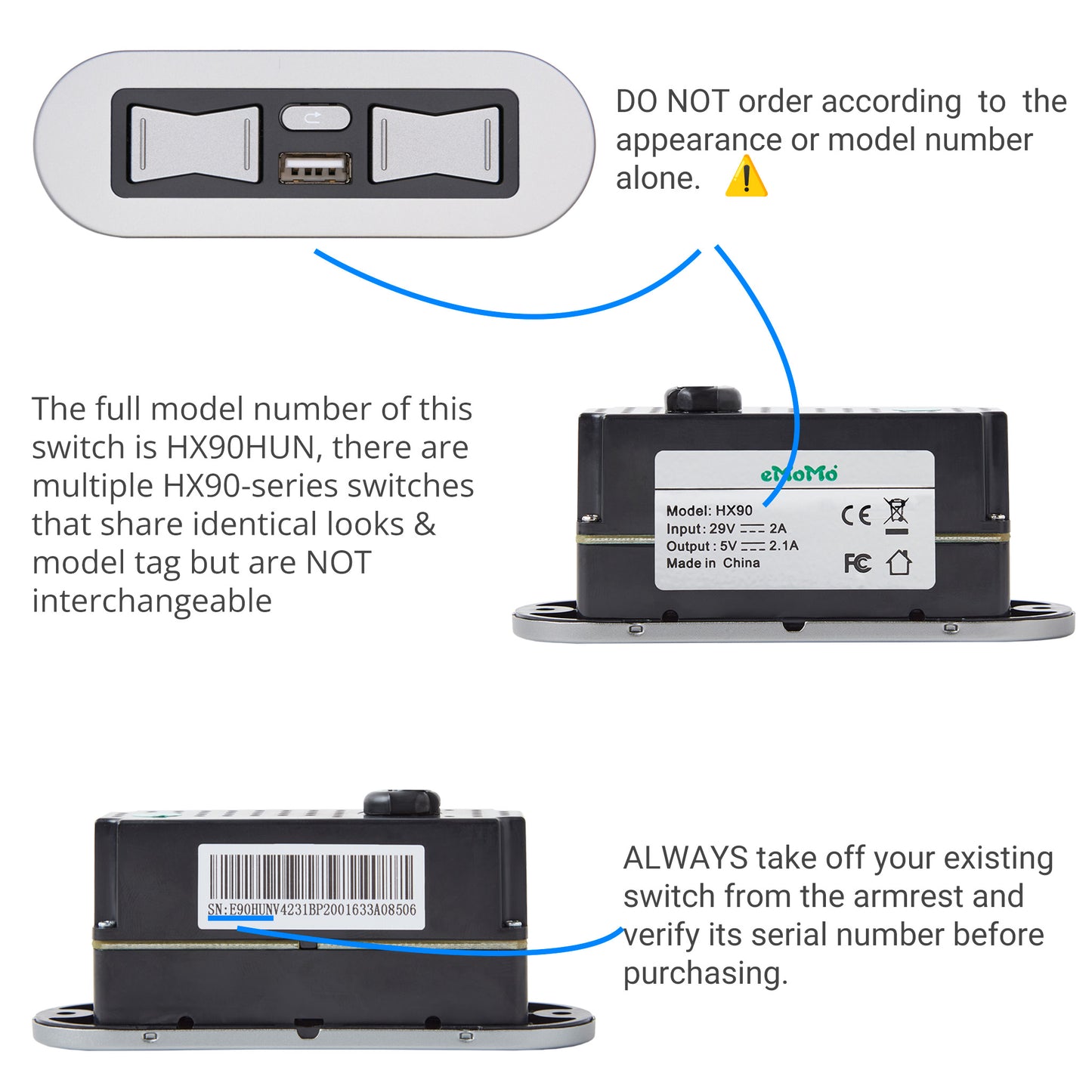 Instructional diagram showing a black electronic switch module from both front and back, with text warnings about model number and serial number verification.