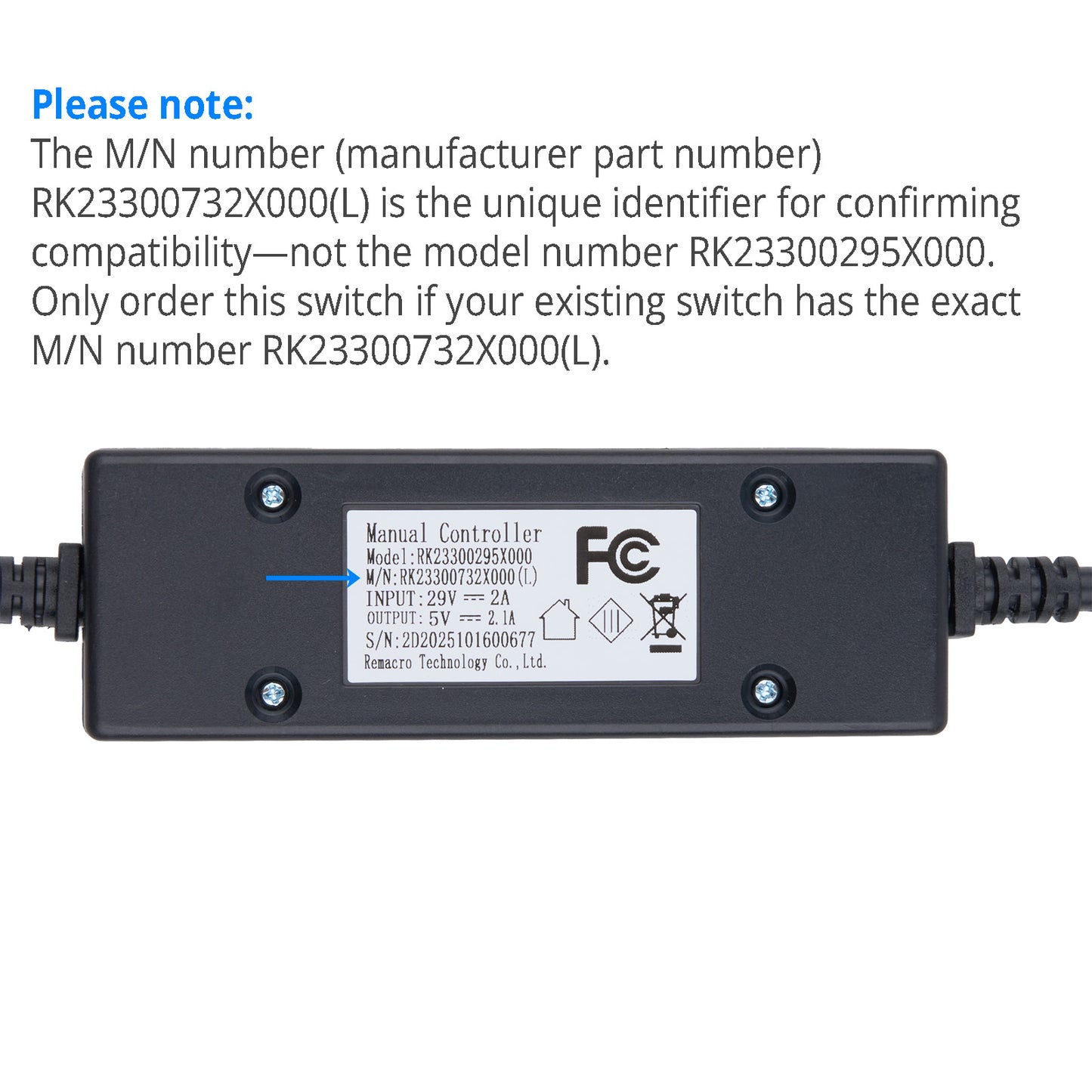 Black electronic switch with label on a white background
