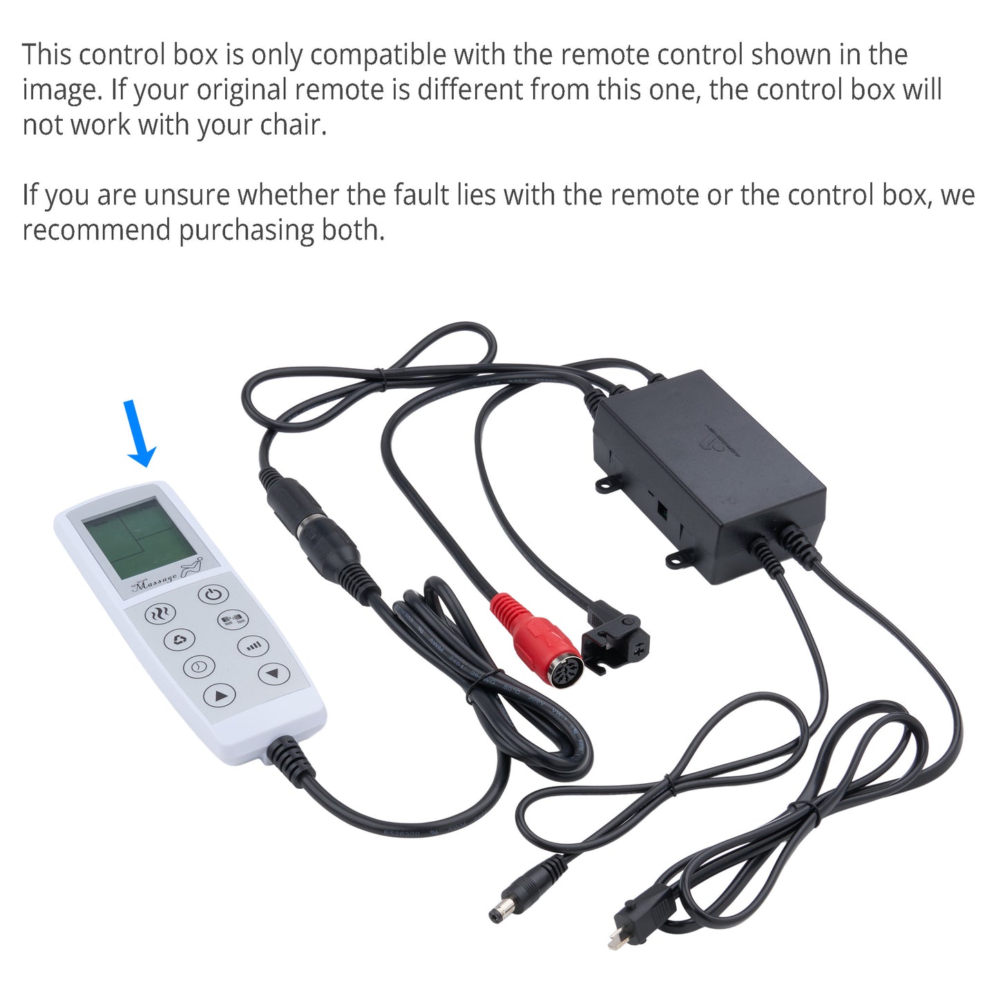 A white handheld remote control with a small display and round buttons is shown next to a black electronic control box with attached cables and red/white audio jacks. Text at the top explains compatibility and suggests purchasing both remote and control box if the original remote is different.