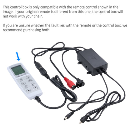 A white handheld remote control with a small display and round buttons is shown next to a black electronic control box with attached cables and red/white audio jacks. Text at the top explains compatibility and suggests purchasing both remote and control box if the original remote is different.