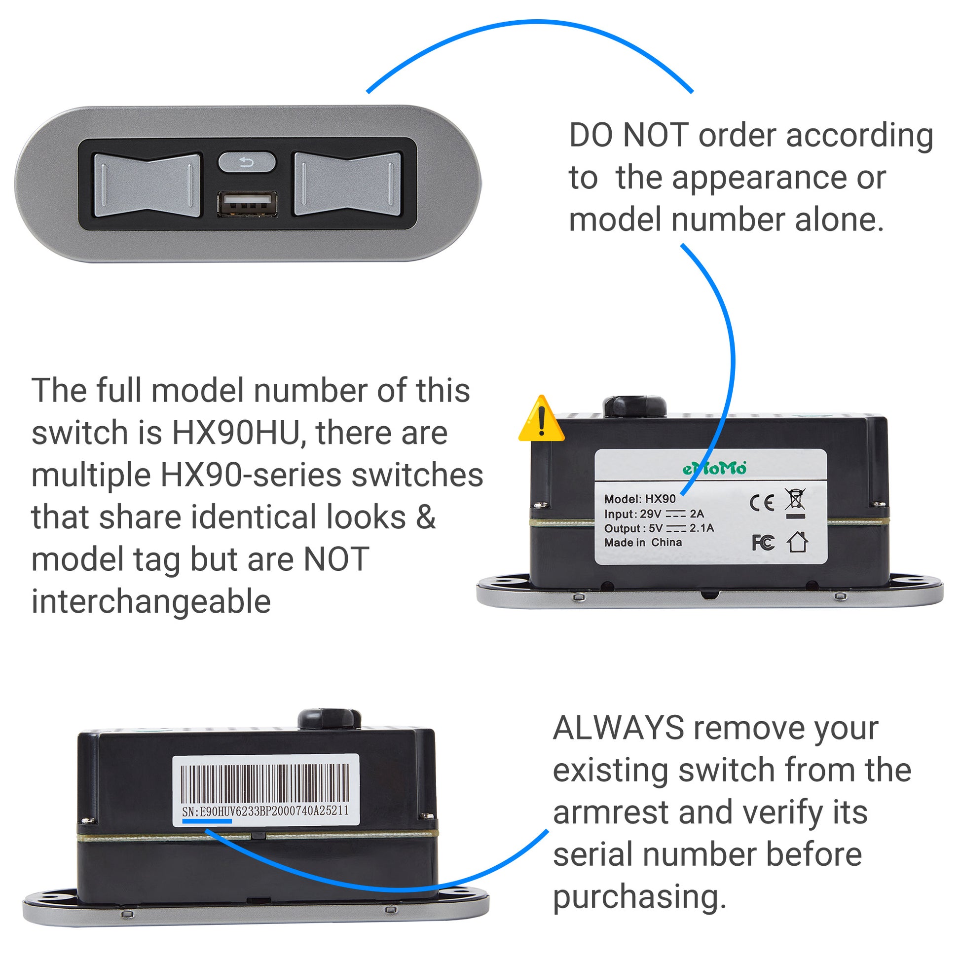 Product information graphic for an HX90HU electronic switch, showing front, side, and back views with text instructions on how to identify the correct unit and warning to remove the existing switch before purchasing.