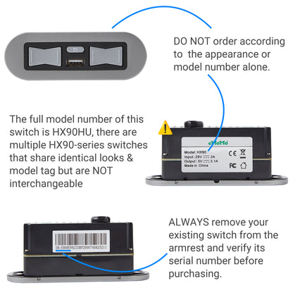 Product information graphic for an HX90HU electronic switch, showing front, side, and back views with text instructions on how to identify the correct unit and warning to remove the existing switch before purchasing.
