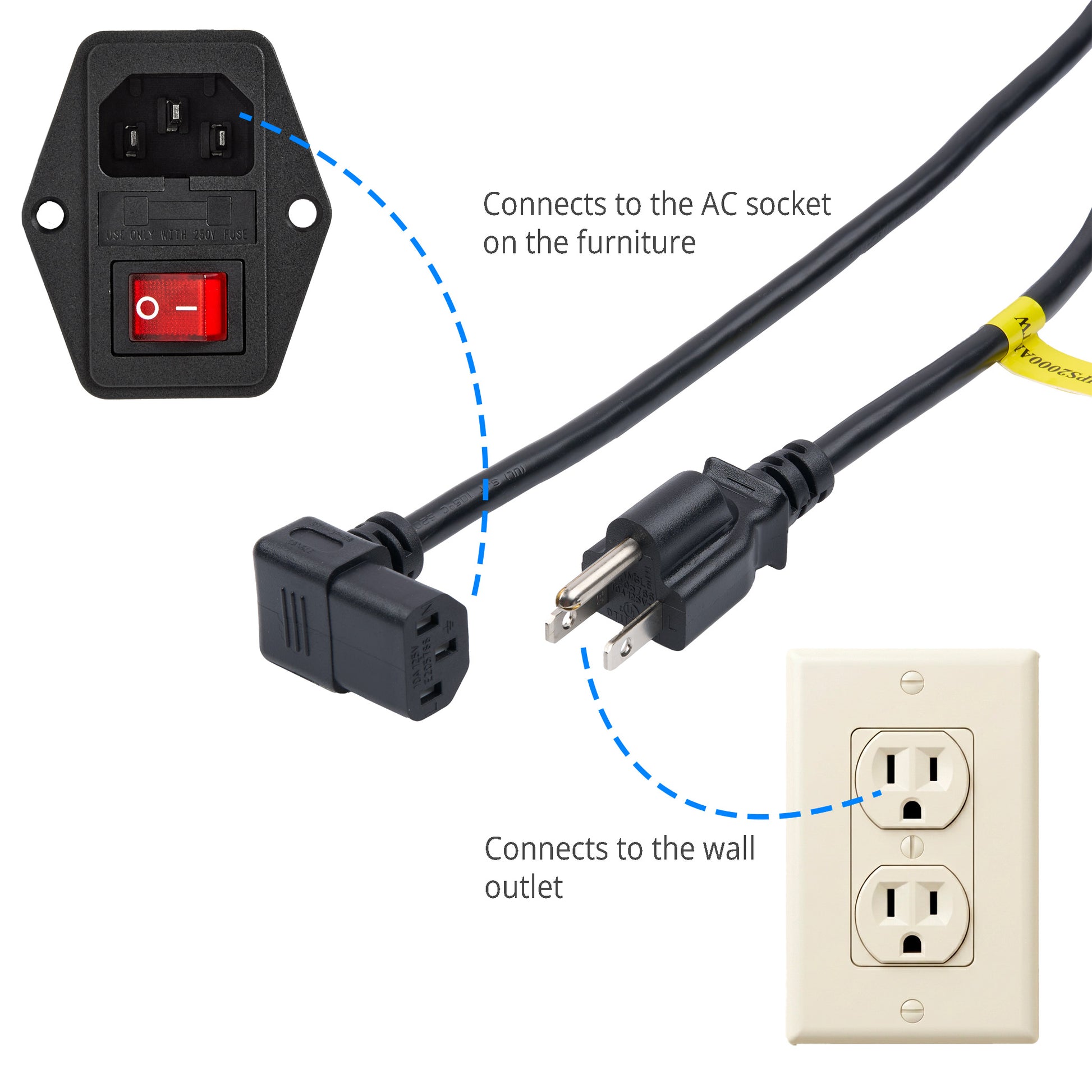 Diagram showing a power adapter with cable, switch, and wall outlet on a white background.
