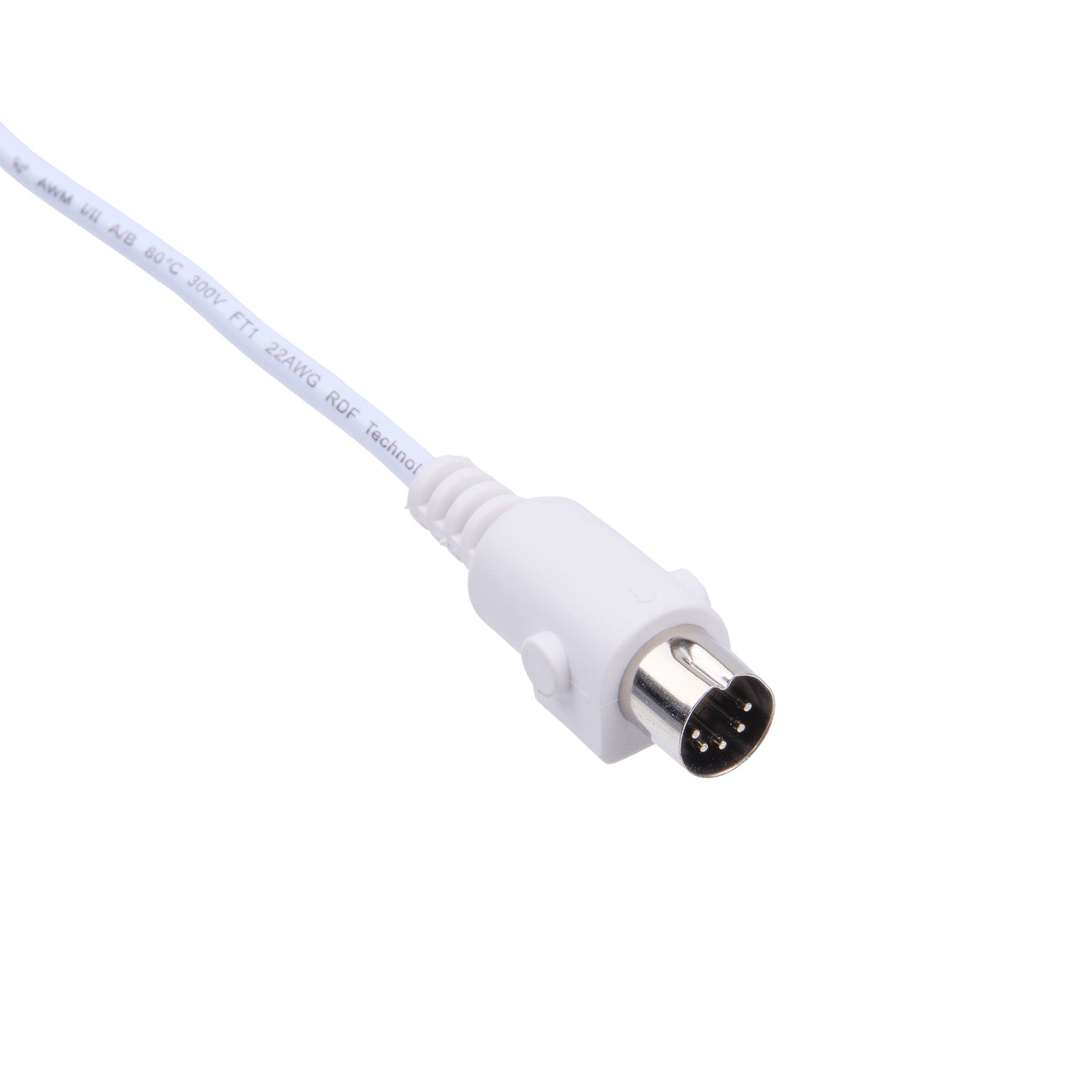 White medical cable with a connector on a white background