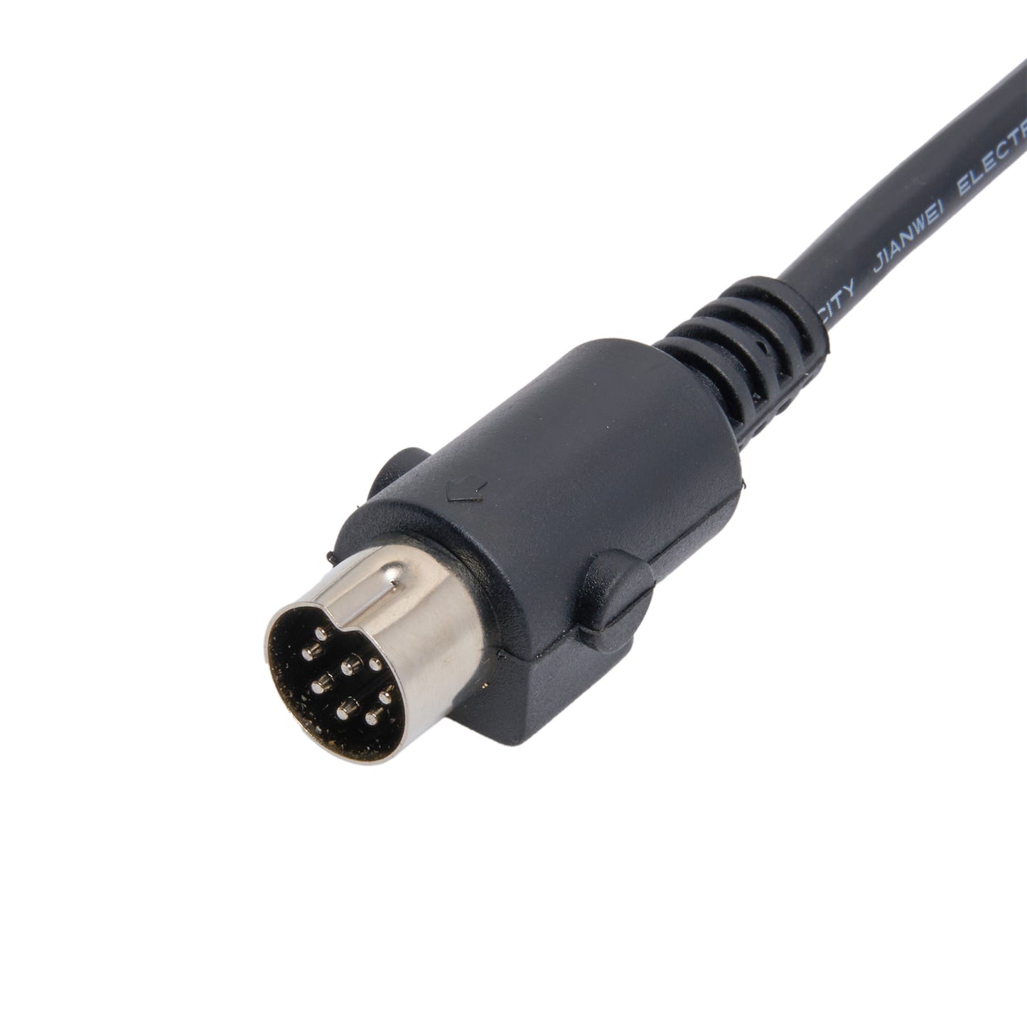 Black industrial cable connector on a white background