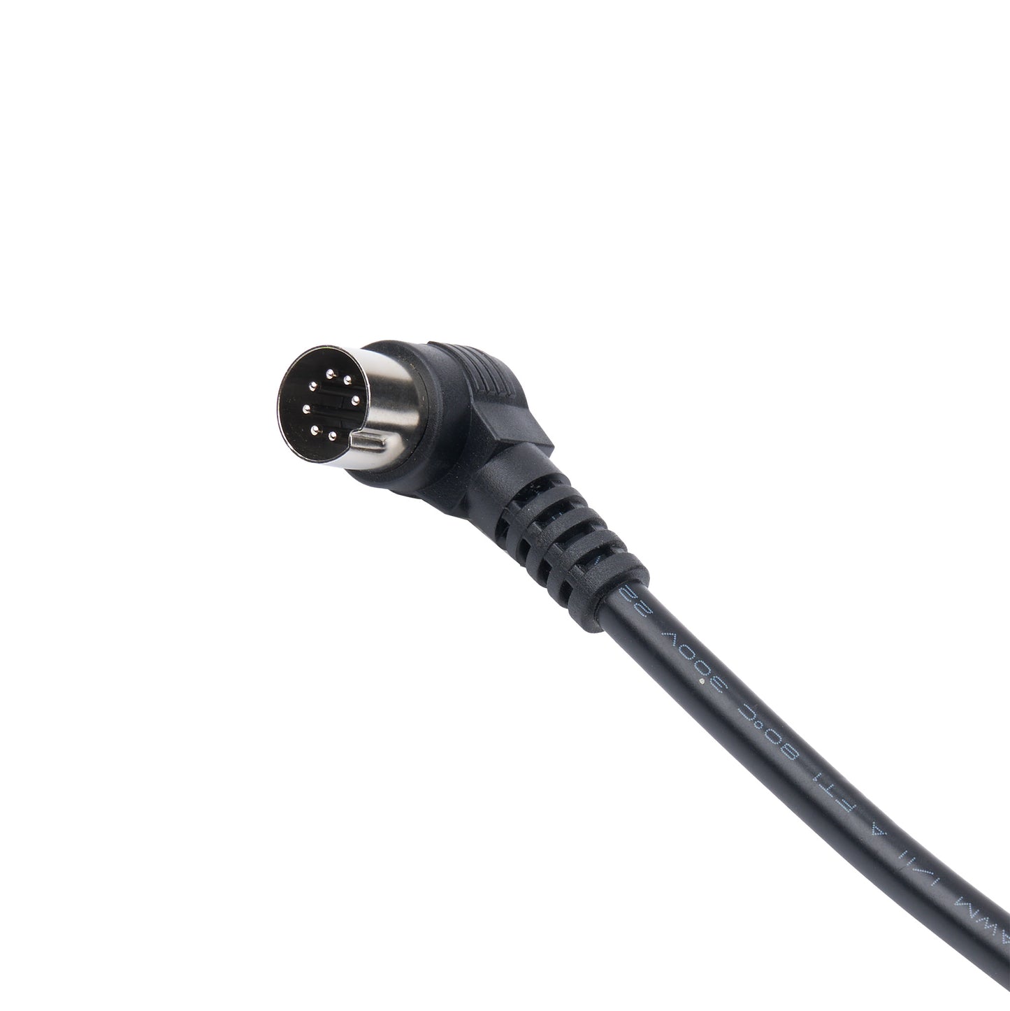 Black cable with a connector on a white background