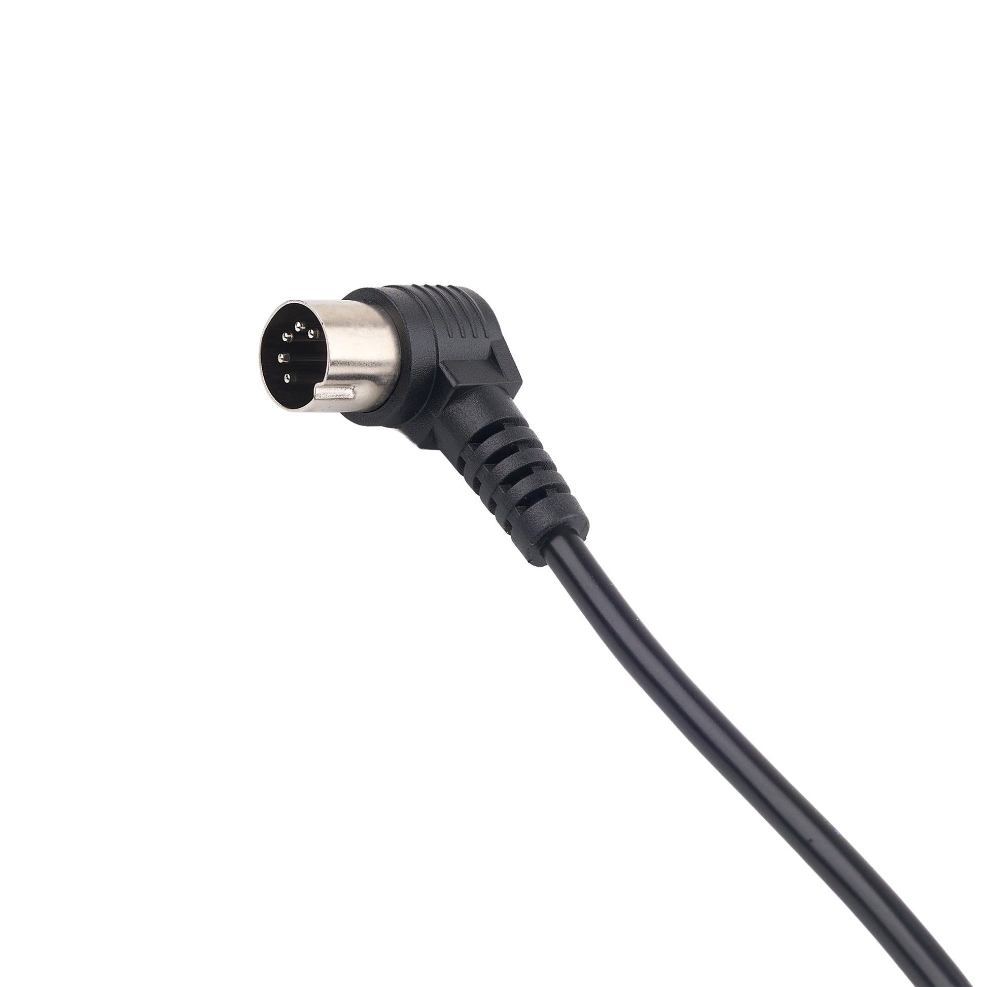 A black right-angle audio or video cable with a multi-pin circular connector, shown on a plain white background.