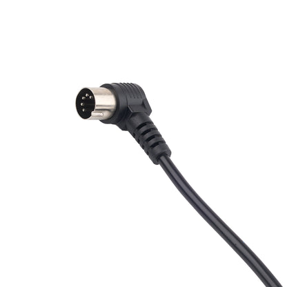 A black right-angle audio or video cable with a multi-pin circular connector, shown on a plain white background.