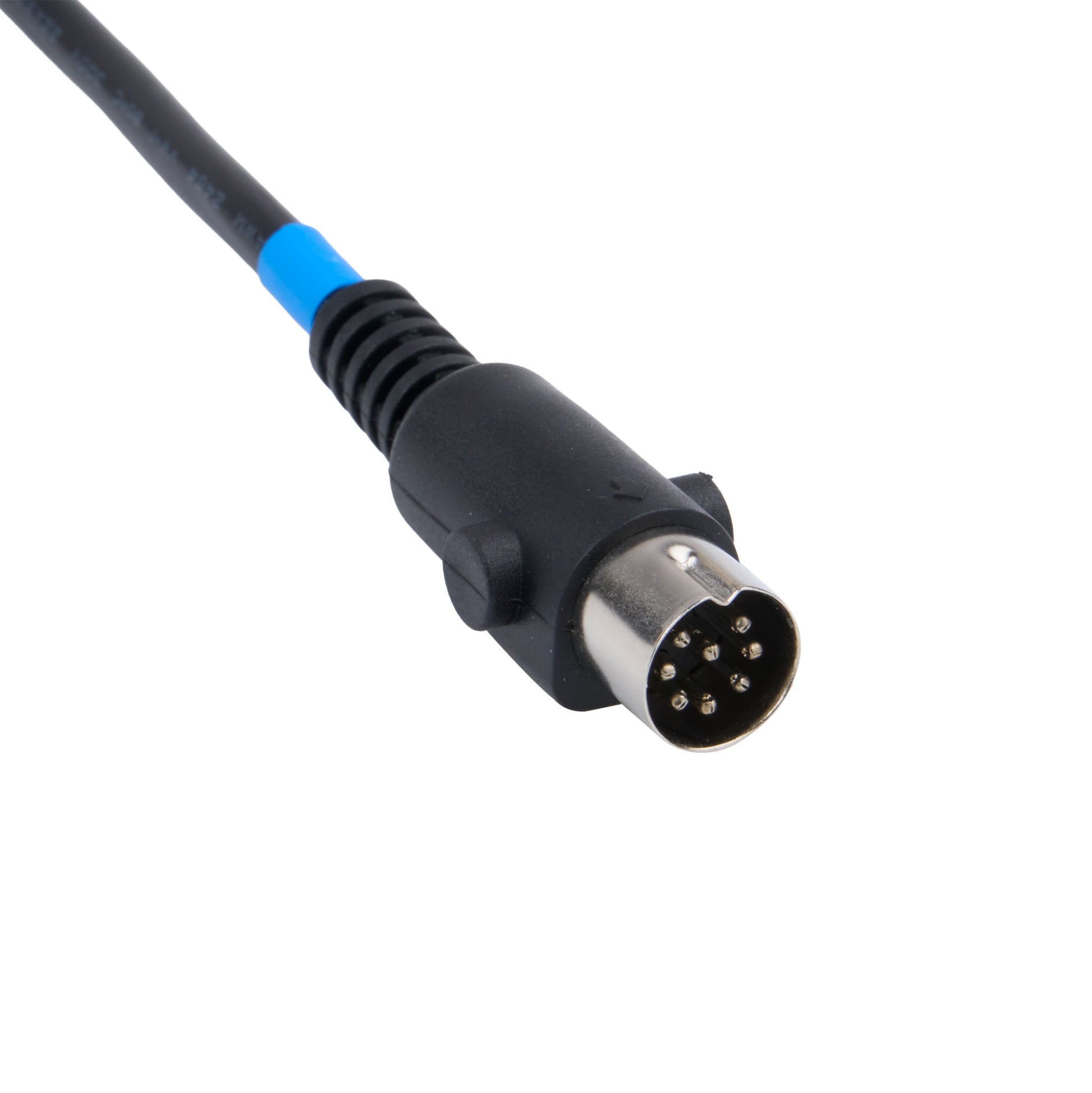 A black electrical cable with a multi-pin circular connector, featuring a blue accent band near the connector housing, shown on a plain white background.