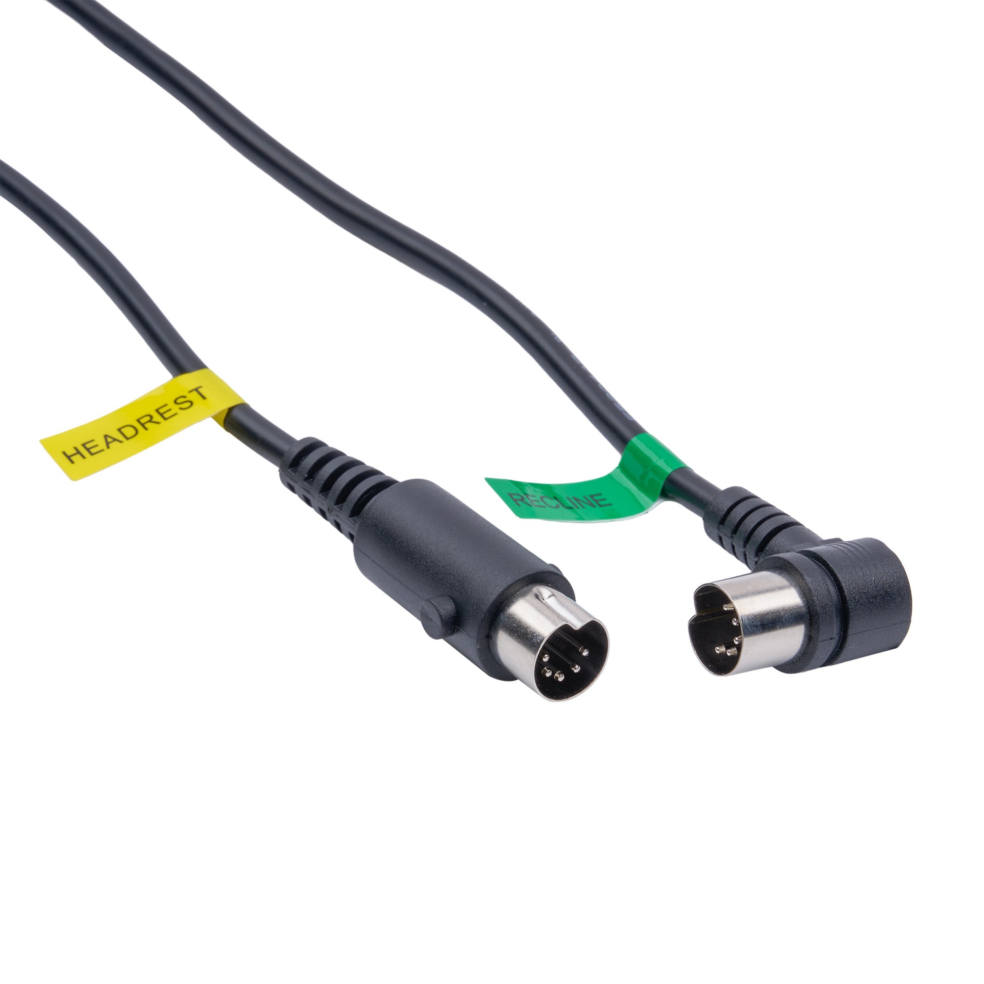 A black cable with two connector ends, one standard round connector and one angled male connector, shown on a white background with a yellow 'HEADREST' tag and a small green tag.