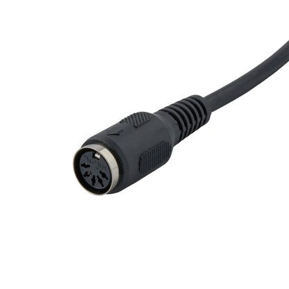 A close-up of a black multi-pin circular connector on a black cable, shown against a plain white background.
