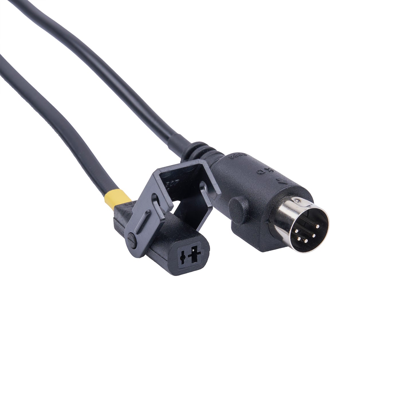 A black electrical cable with a multi-pin connector and a quick-release clamp, shown on a plain white background.