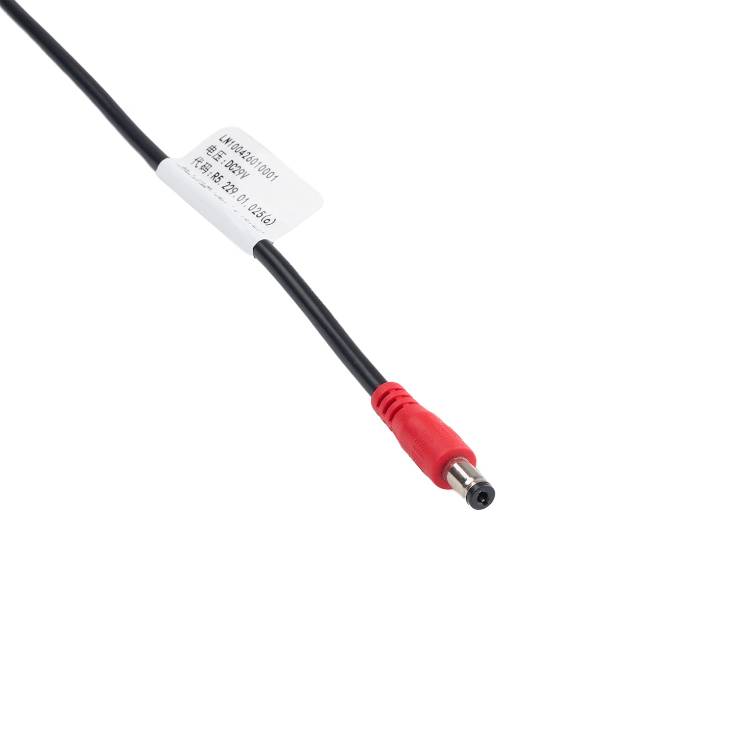 A black power cable with a red barrel connector and a white product label, shown on a plain white background.