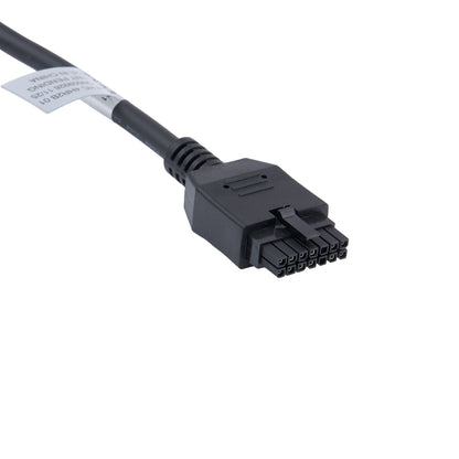 A black industrial Ethernet cable with a multi-pin connector, featuring a white label with technical specifications.