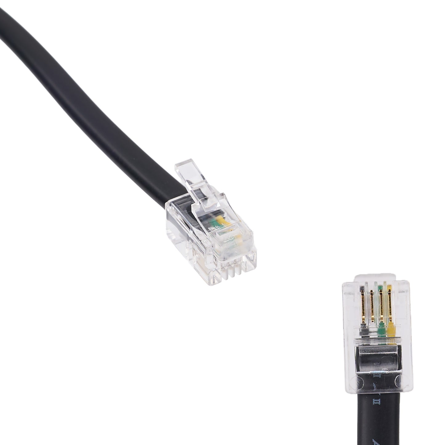 Black Ethernet cable with clear RJ45 connector on a white background