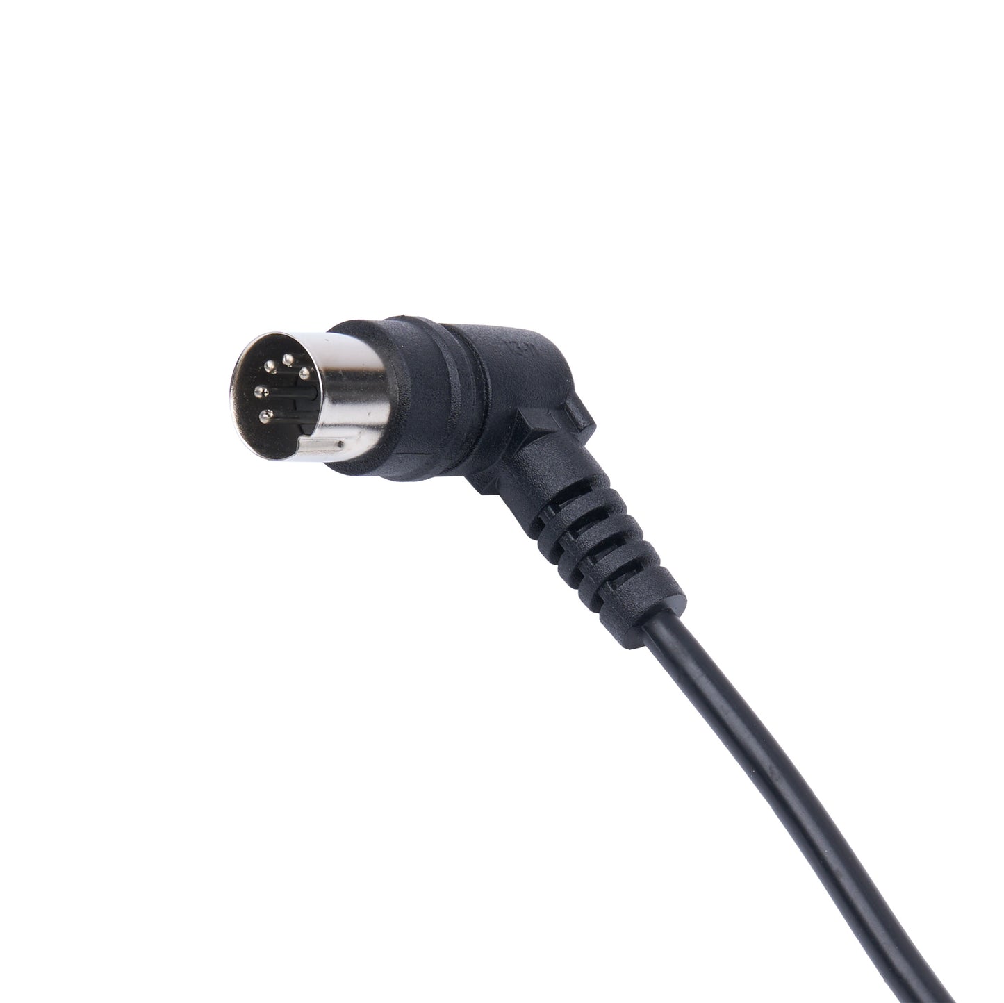 A black right-angle electrical cable connector with a multi-pin circular plug and a ribbed protective sleeve, shown on a plain white background.