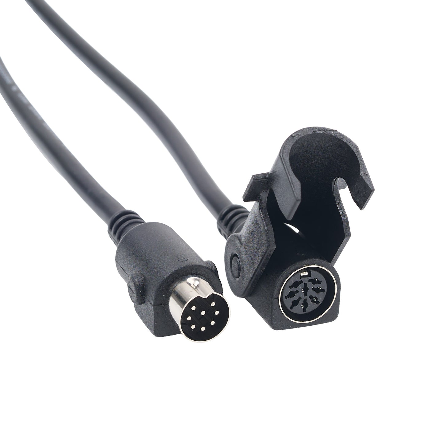 A black cable with two multi-pin connector ends, one flat bayonet-style connector and one round bayonet-style connector, shown on a plain white background.