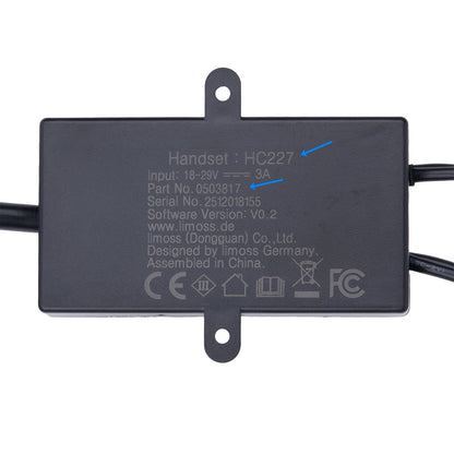 Black electronic component with text and symbols on a white background