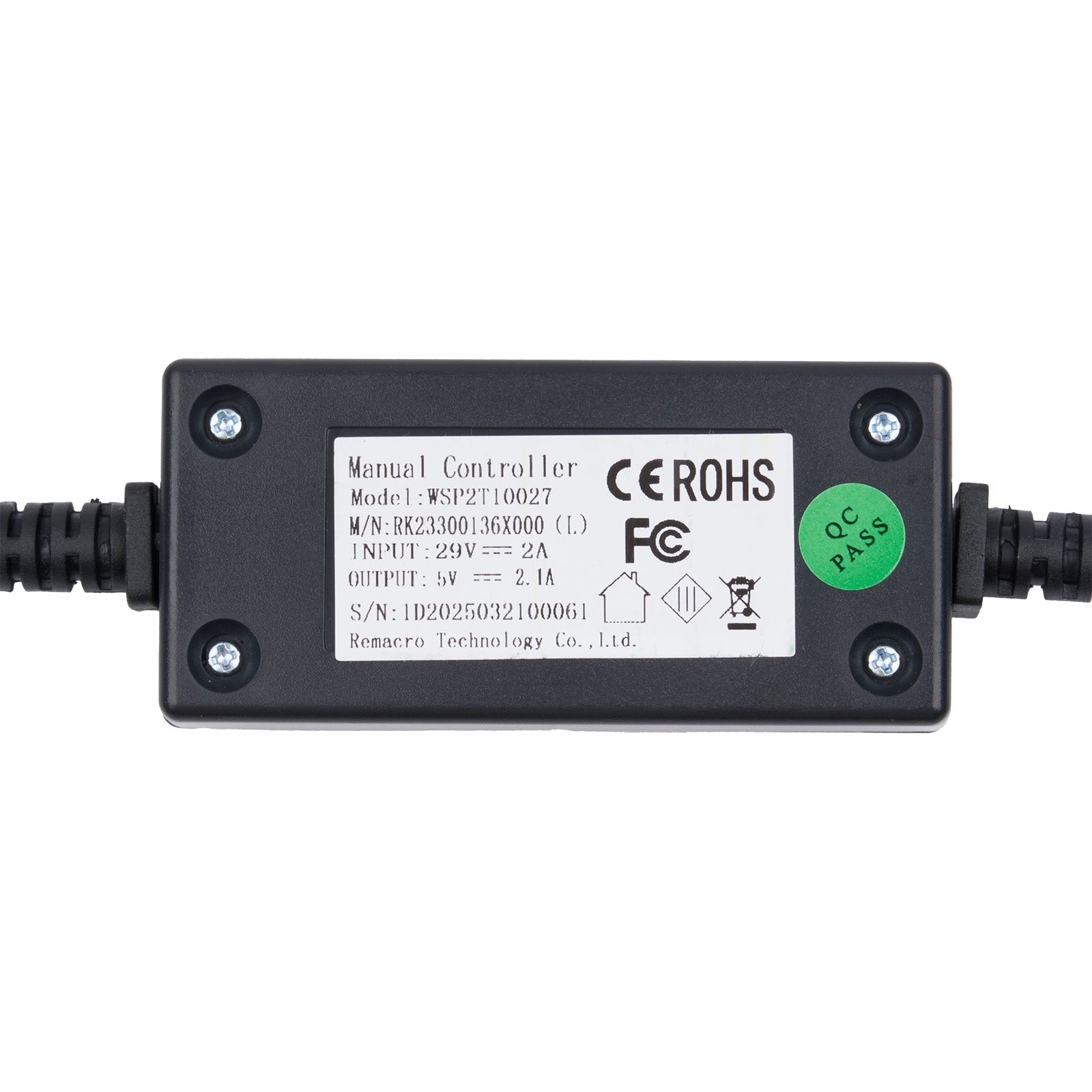 Black electronic controller with certification labels on a white background