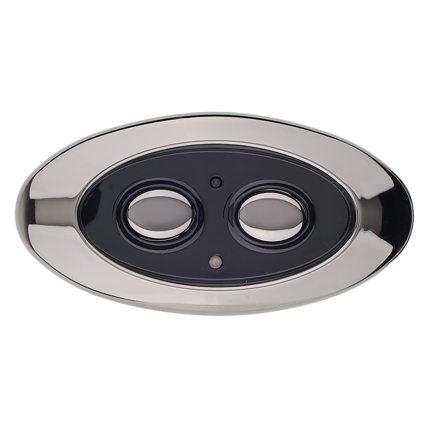 An oval wall-mounted double-sensor security camera cover with a polished chrome/silver frame and a black center containing two circular cutouts, shown on a plain white background.