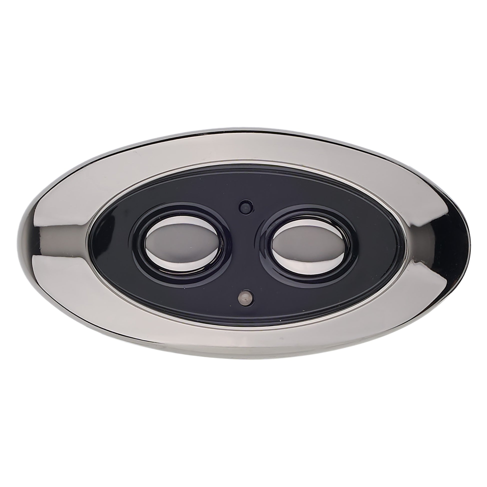 An oval wall-mounted double-sensor security camera cover with a polished chrome/silver frame and a black center containing two circular cutouts, shown on a plain white background.