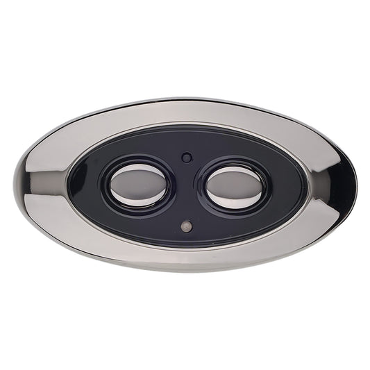 An oval wall-mounted double-sensor security camera cover with a polished chrome/silver frame and a black center containing two circular cutouts, shown on a plain white background.