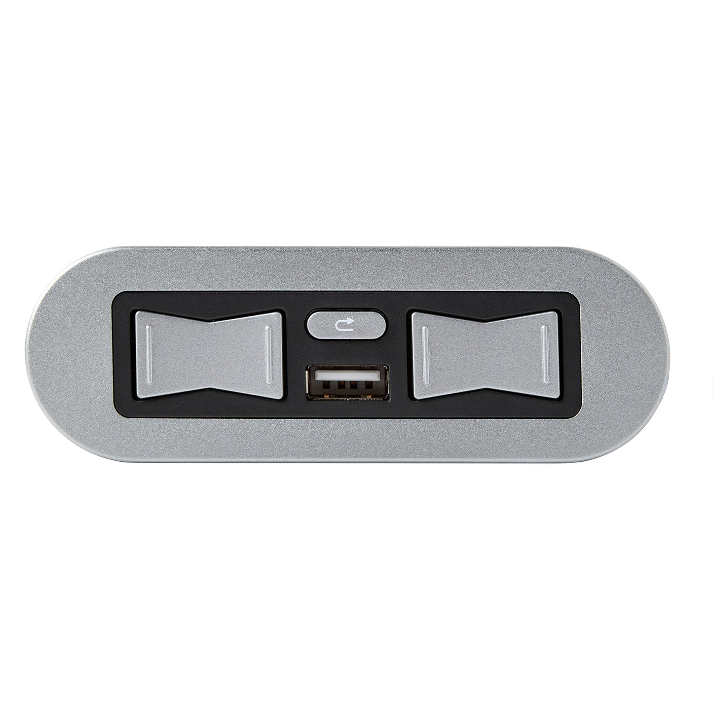 A silver and black electronic control panel with two toggle switches, a small power button, and a USB port, shown on a plain white background.