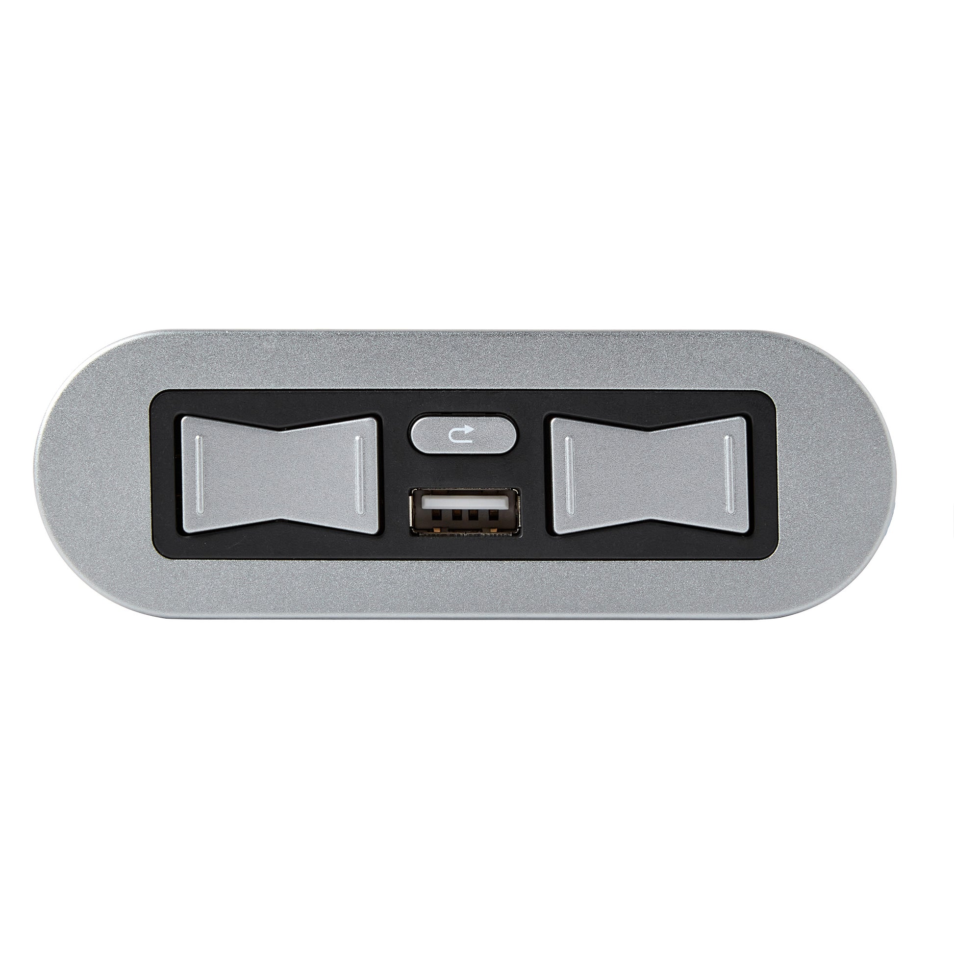 A silver and black electronic control panel with two toggle switches, a small power button, and a USB port, shown on a plain white background.