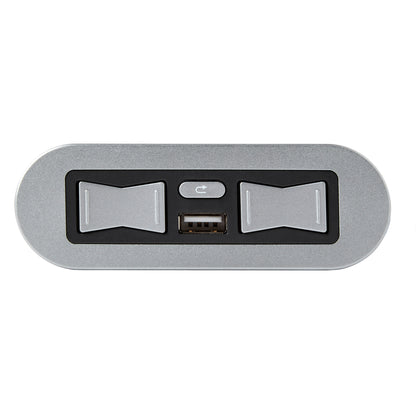 A silver and black electronic control panel with two toggle switches, a small power button, and a USB port, shown on a plain white background.