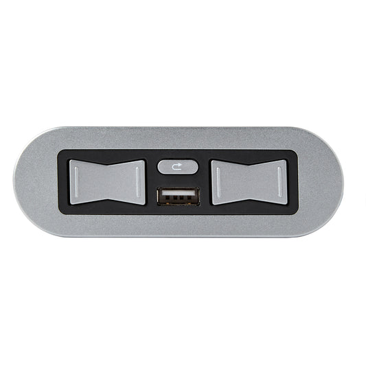 A silver and black electronic control panel with two toggle switches, a small power button, and a USB port, shown on a plain white background.