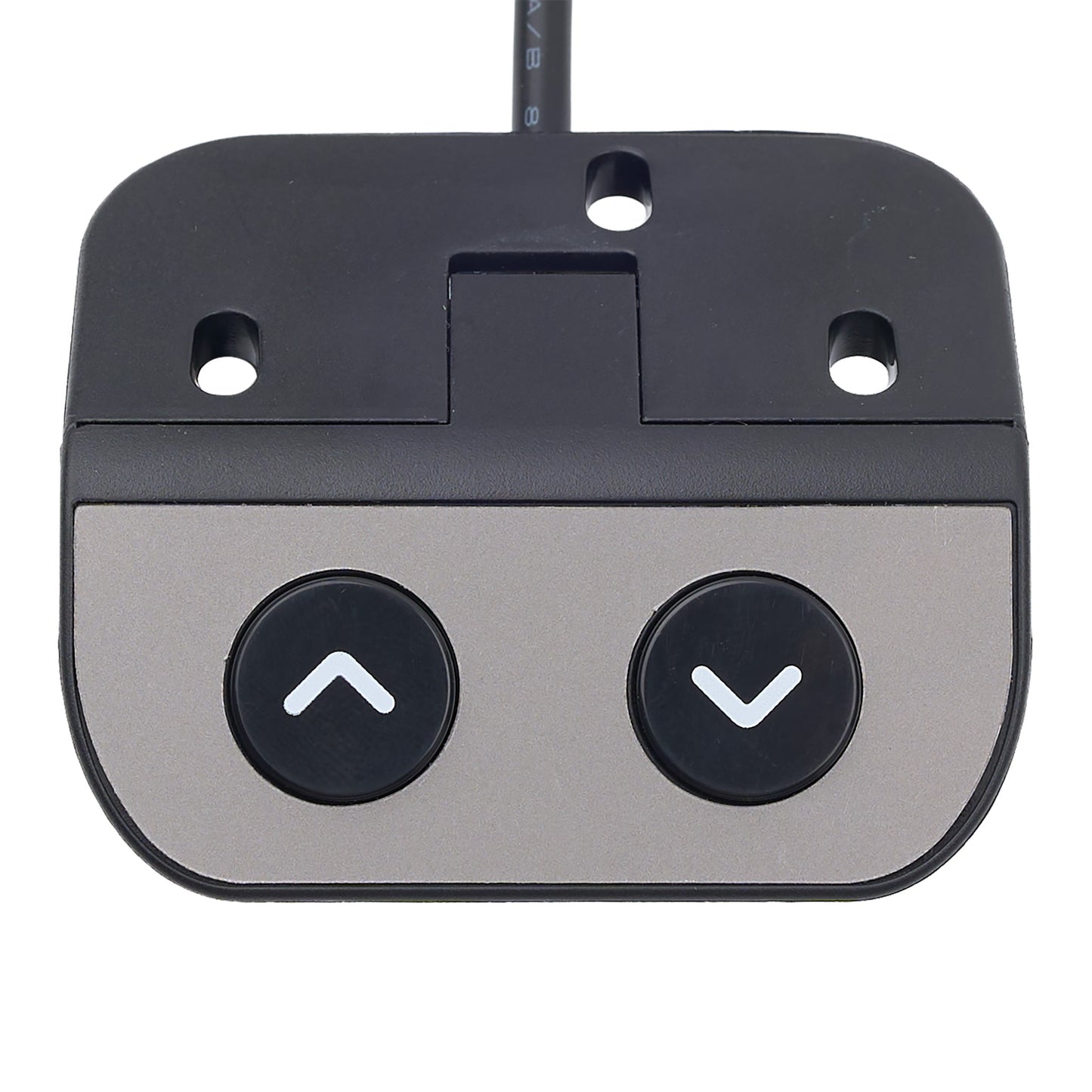 Close-up of a golf putter head with two buttons on a white background