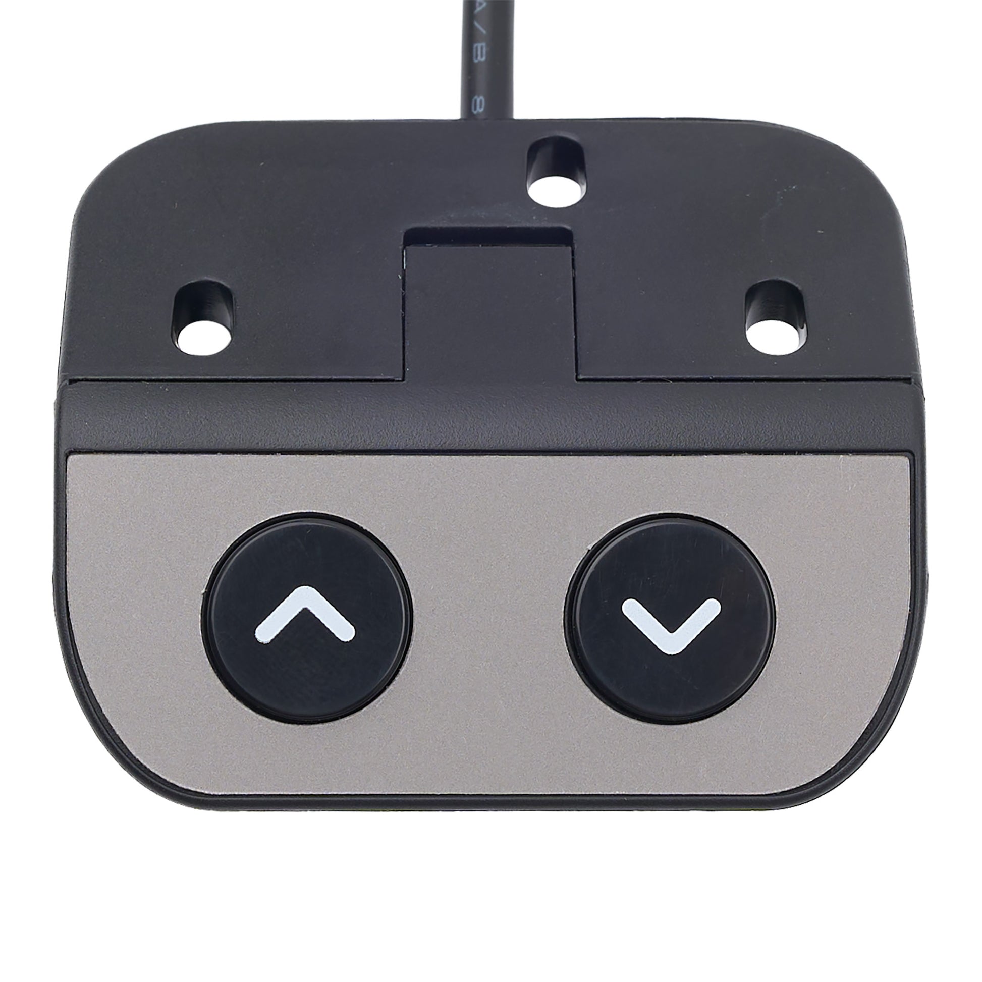 Close-up of a golf putter head with two buttons on a white background