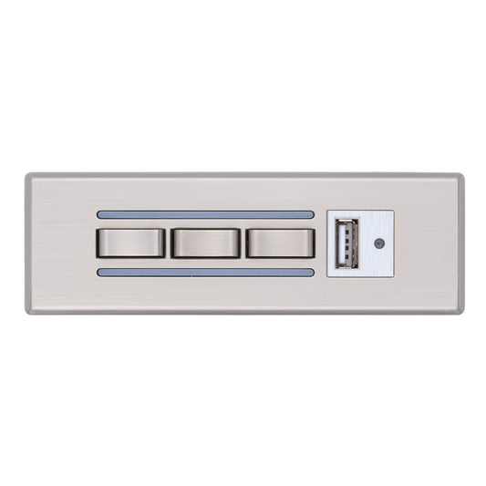 Metallic panel with three buttons and a USB port on a white background