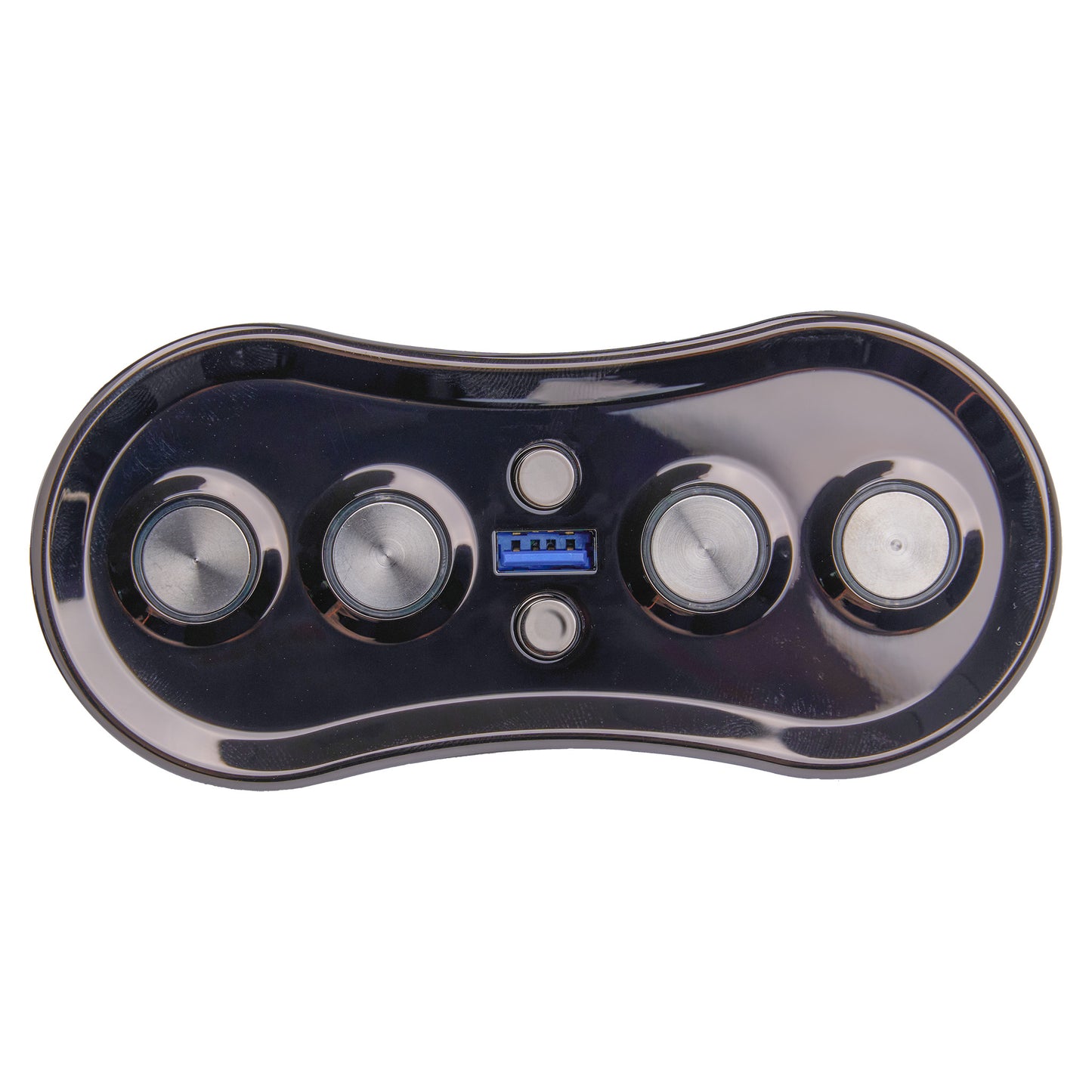 A glossy black massage device with four circular massage heads and a blue USB port, shown on a plain white background.
