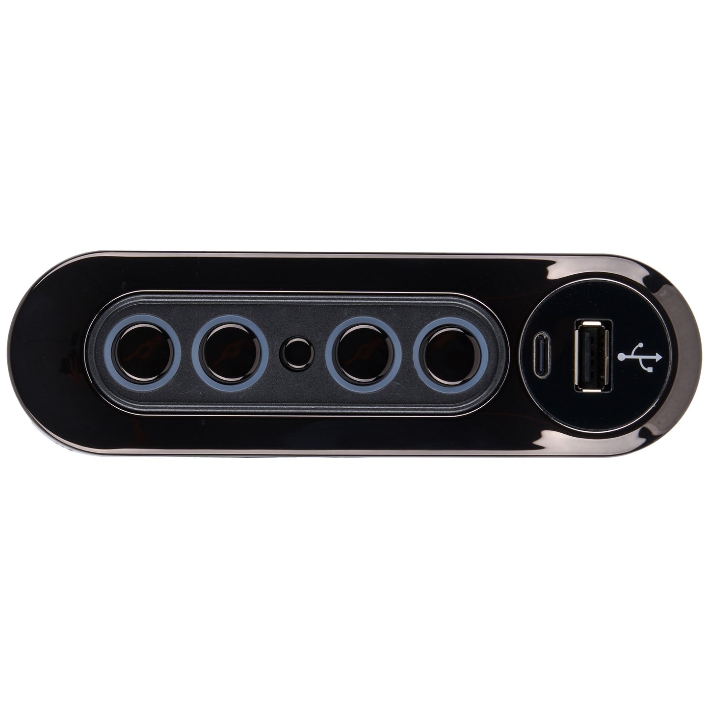 Black electronic device with multiple ports on a white background