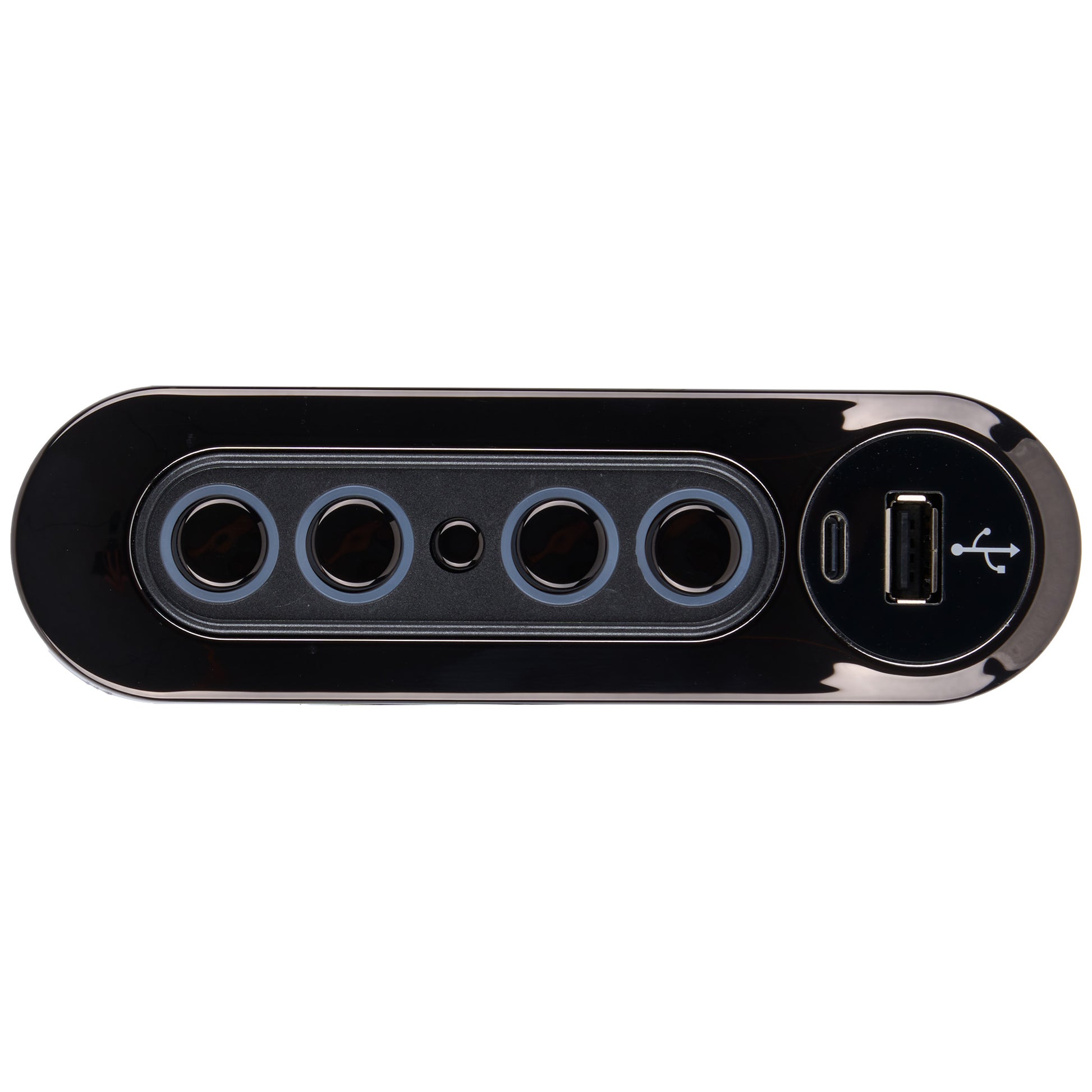 Black electronic device with multiple ports on a white background